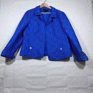 Nina Mclemore Women Geometric Puzzle Blue White Open Front Blazer Size 14